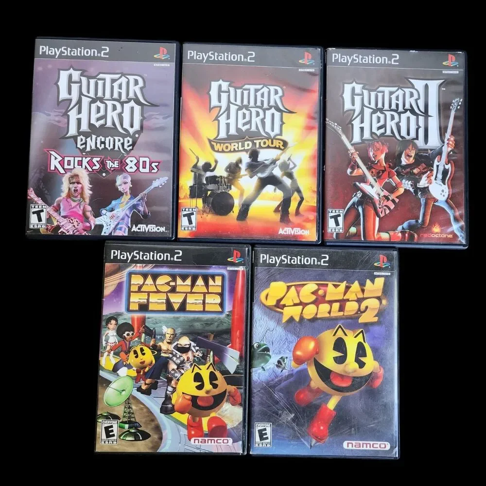 Lot of 5 PlayStation 2 PS2 Games: Guitar Hero & Pac-Man Series - Untested/As-Is